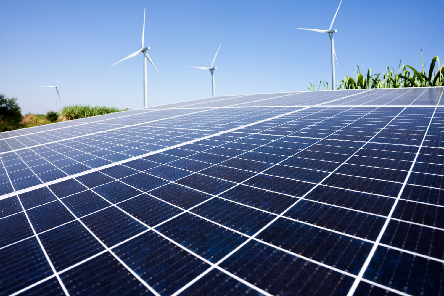 Large solar panels and wind turbines showcasing renewable energy solutions