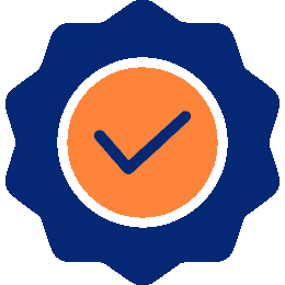 Badge icon with a checkmark symbol representing certified quality assurance and product reliability.