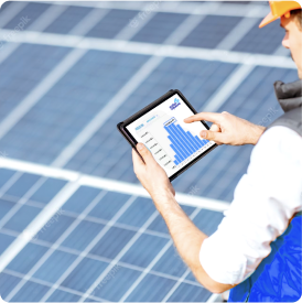 solar power system technician analyzing solar energy data on a tablet.