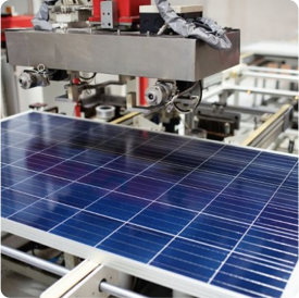 Solar panel manufacturing process in a solar energy production facility.