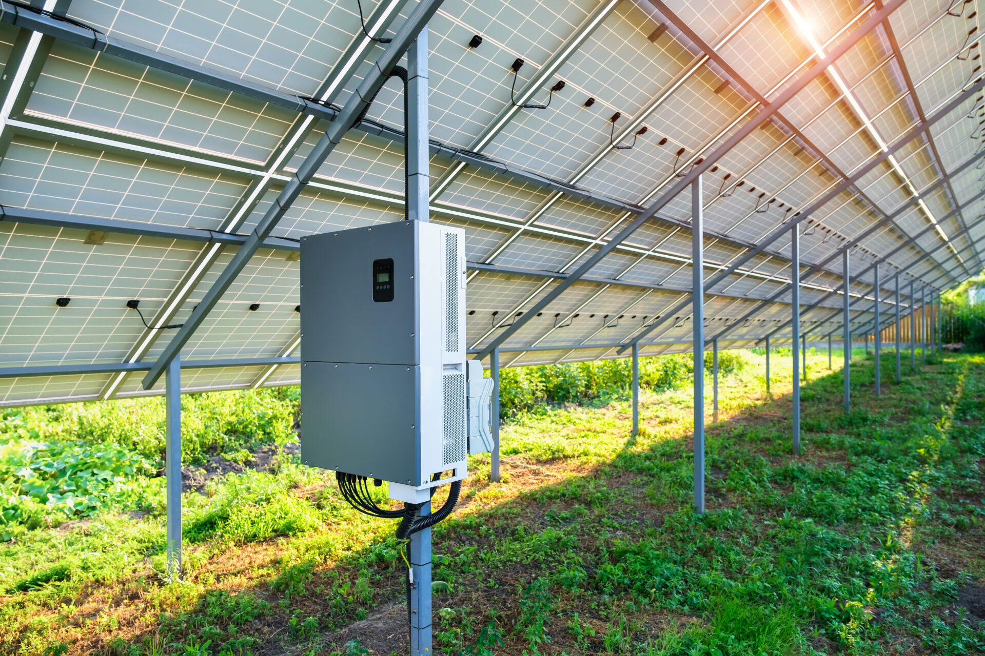 Solar inverter installed under a ground-mounted solar panel system for efficient energy conversion and power distribution.
