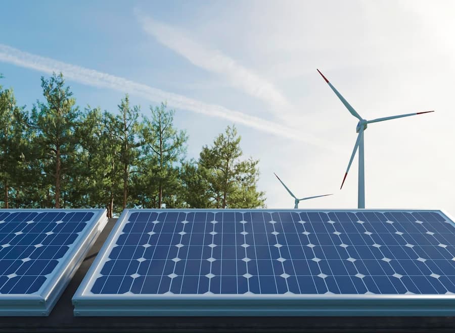 Solar panels and wind turbines generating clean renewable energy surrounded by trees under a clear sky.
