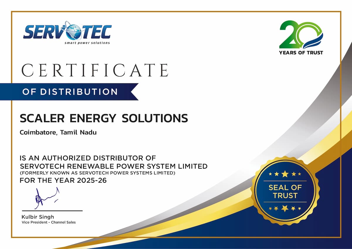 Certificate of distribution awarded to Scaler Energy Solutions, an authorized solar energy distributor in Tamil Nadu for 2025–26 by Servotech Renewable Power System Limited.