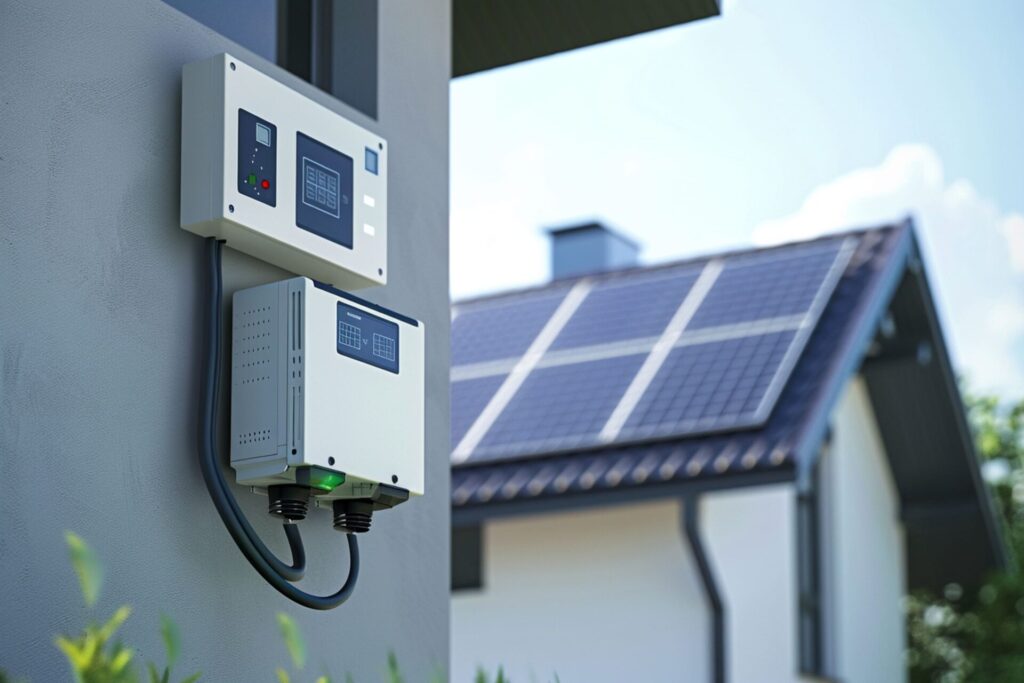 Residential solar inverter system connected to rooftop solar panels for efficient home solar energy storage.