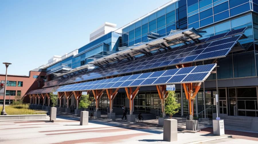 Modern commercial building with rooftop solar panel installation for sustainable energy solutions.