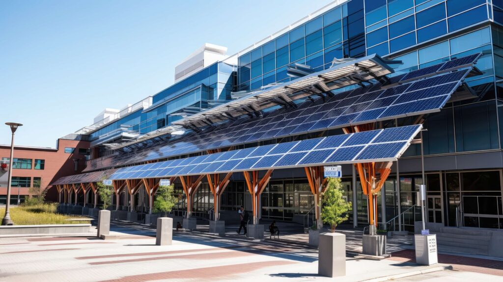 Modern commercial building with rooftop solar panel installation for sustainable energy solutions.
