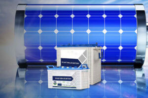 solar battery storage system with tubular batteries in front of a solar panel background.