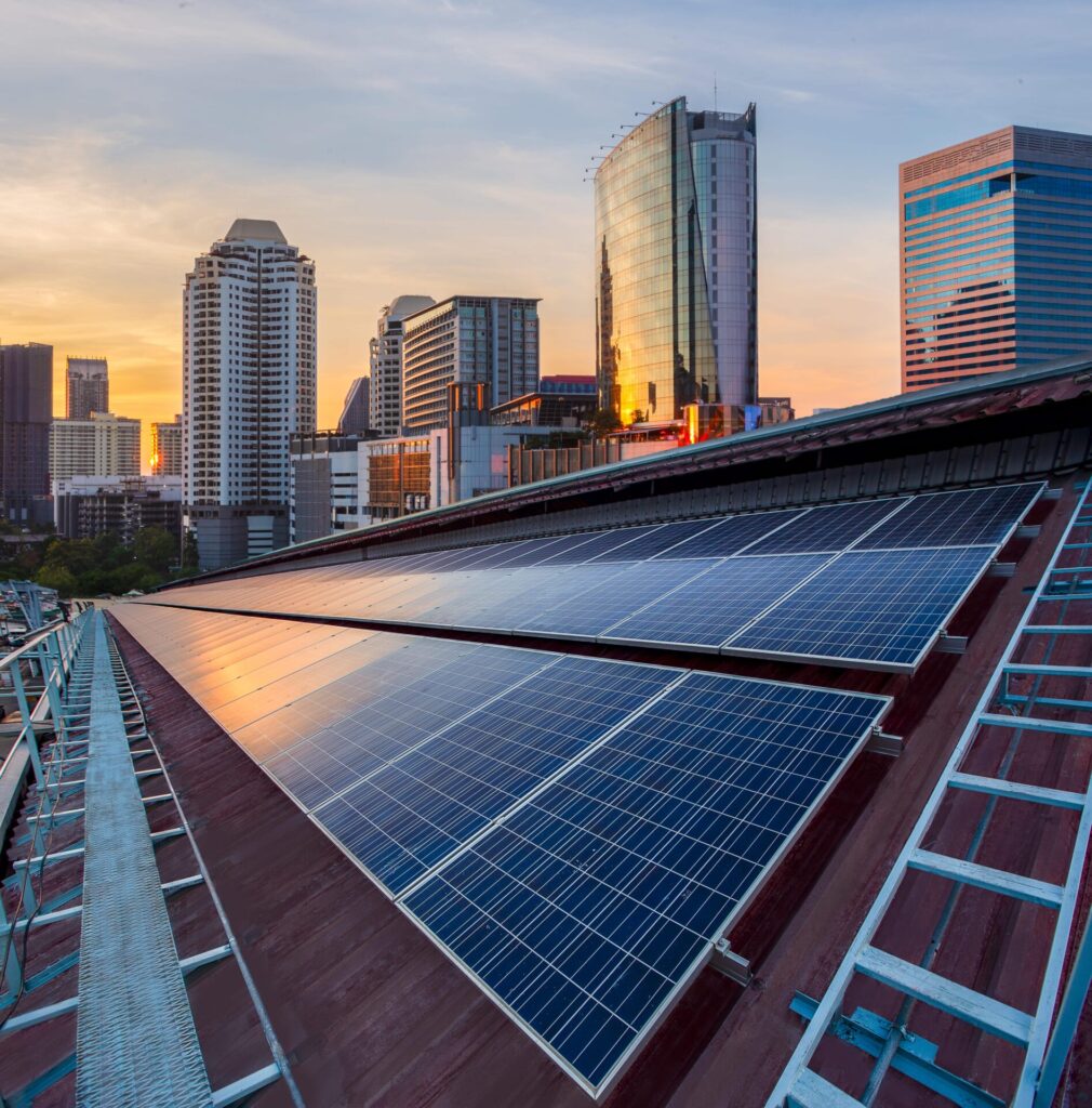 Solar rooftop system installed on a city building for efficient solar power generation.