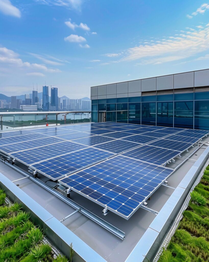 High-efficiency solar panels installed on a commercial rooftop for clean energy generation.