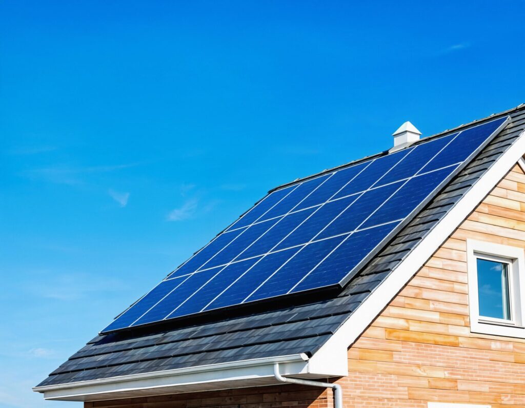 Residential solar panel installation on modern home roof under clear blue sky.