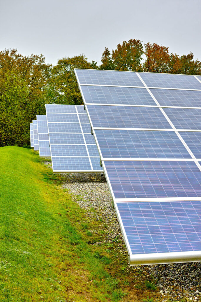 Solar power plant with photovoltaic panels generating clean energy.